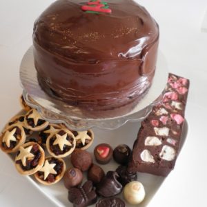 Large chocolate cake, 12 Christmas Mince Pies, Rocky Road, 10 Belgian Chocolates