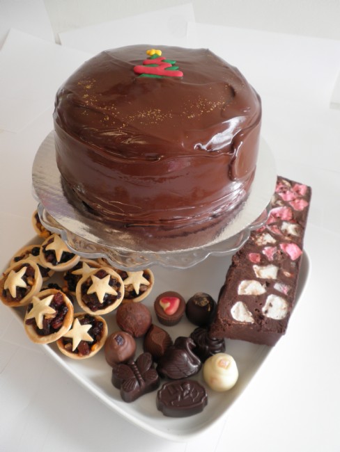 Large chocolate cake, 12 Christmas Mince Pies, Rocky Road, 10 Belgian Chocolates